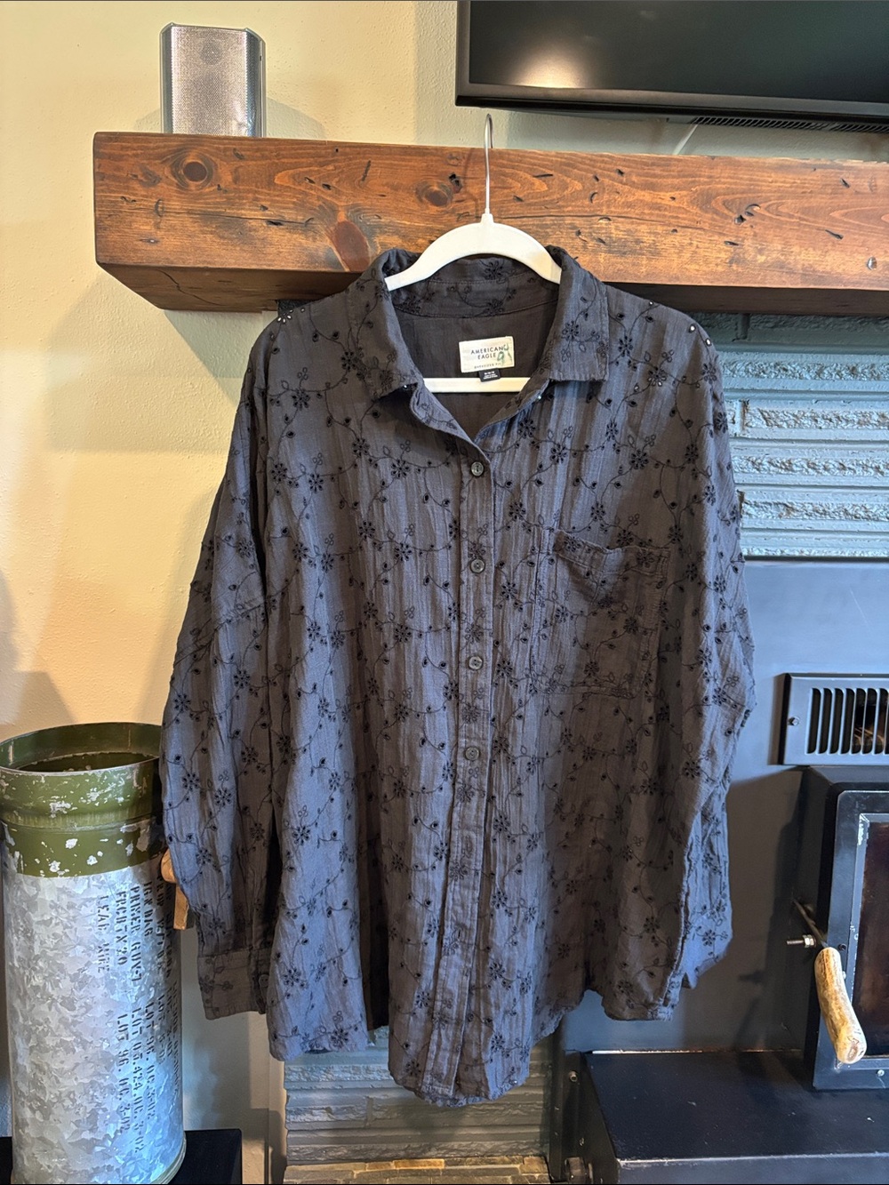 Women's Button-Down Shirt in Charcoal with Subtle Floral Embroidery